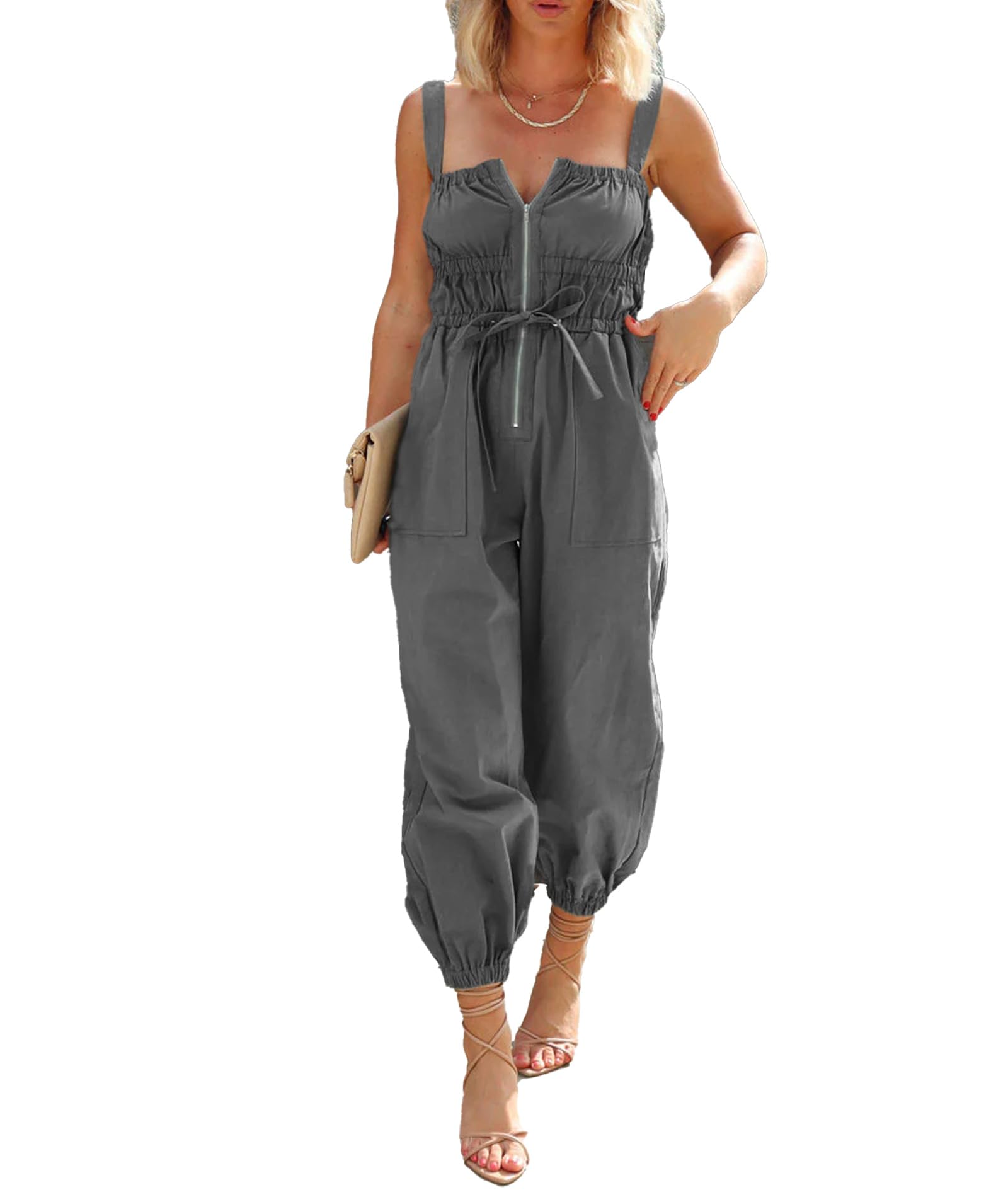 SOMTHRON Women's Cargo Jumpsuit Smocked Sleeveless Adjustable Straps Jogger Pants Zip Up Rompers Overalls
