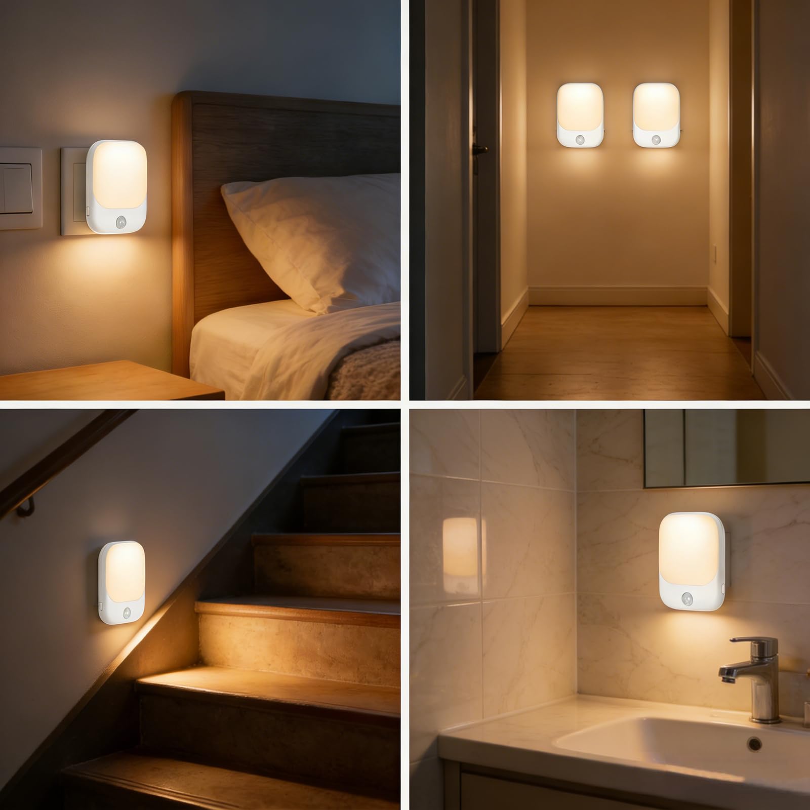 ORIA Lampka nocna z czujnikiem ruchu, 2 sztuki lamp wtykowych, 5 regulowanych jasności, tryb ON/AUTO/OFF, lampka nocna LED do pokoi dziecięcych, sypialni, schodów, kuchni - ciepła biel