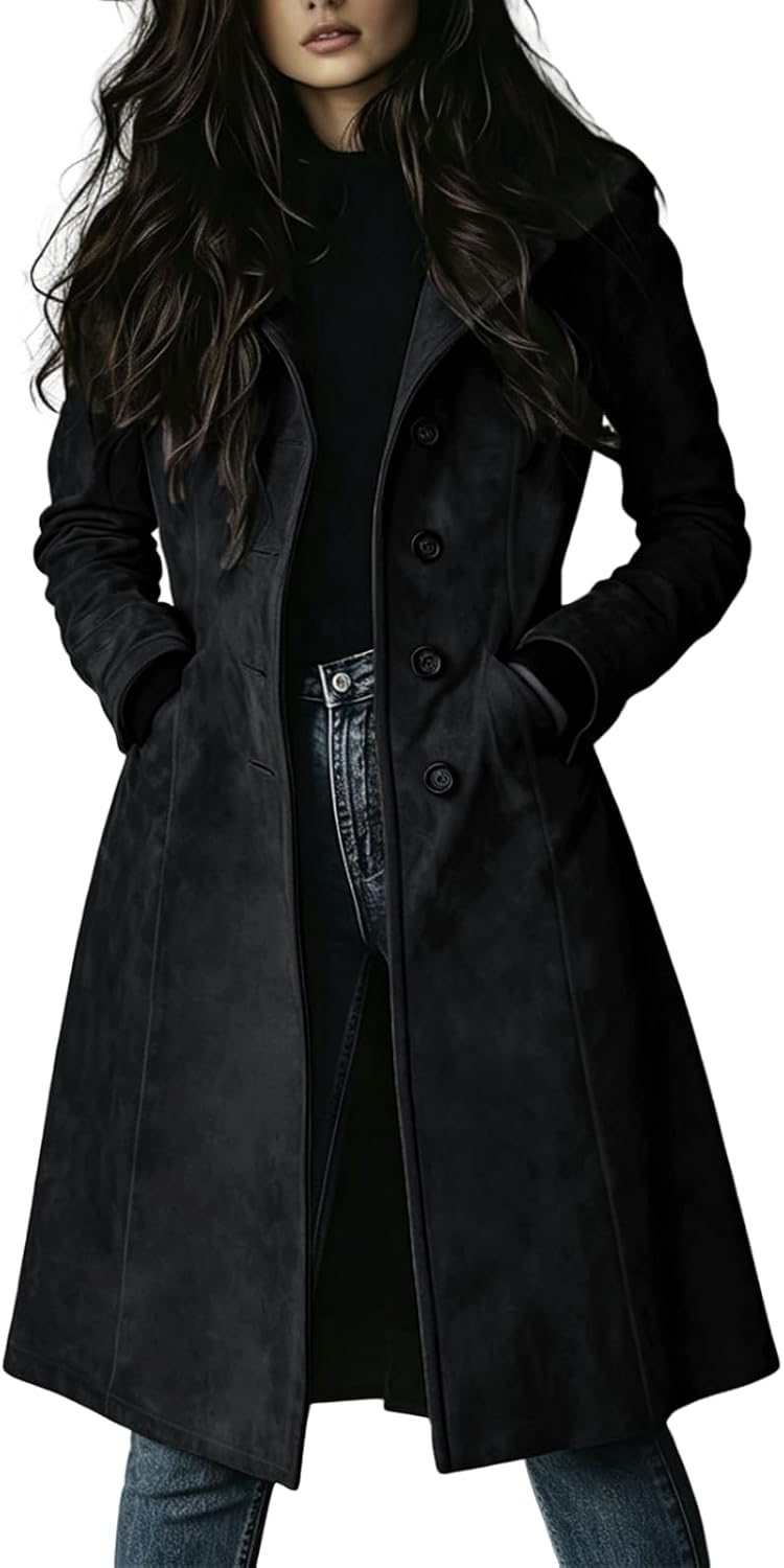 utcoco Womens Long Suede Leather Single Breasted Trench Coat with Pocket