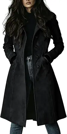Women's Long Suede Leather Single Breasted Trench Coat with Pockets