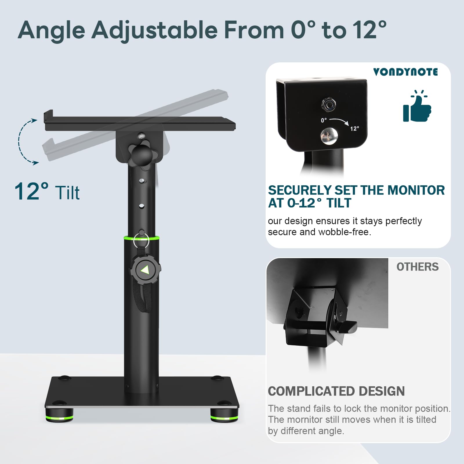 Vondynote Coppia di supporti per altoparlanti da scrivania, inclinabili a 12°, altezza regolabile da 27,9 cm a 40,6 cm, supporti in metallo per monitor da studio, laptop o proiettori