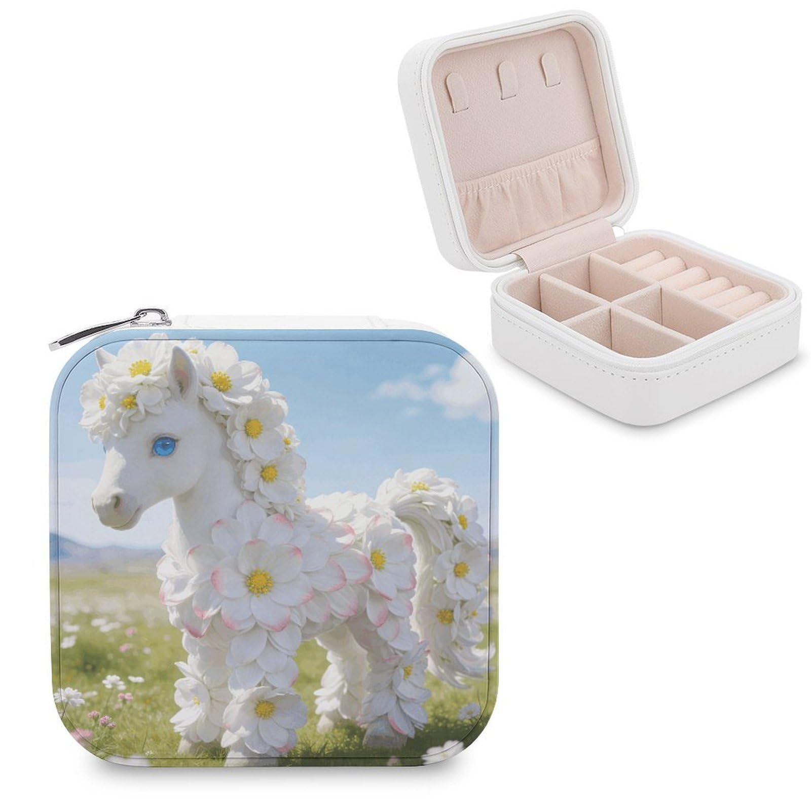 VstaDank White Flower Pony Jewelry Box Beautiful Portable Ring Boxes Cute Large-Capacity Jewelry Case Jewelry Organizer for Mothers Gifts for Earrings Rings Hand Bracelet
