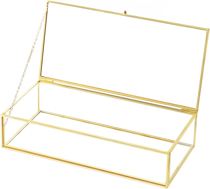 Glass Jewelry Box, Vintage Rectangle Gold Keepsake Box Organizer Box Vanity Lidded Box Home Decor Accent Decorative Box for Storage Trinket Rings Bracelet