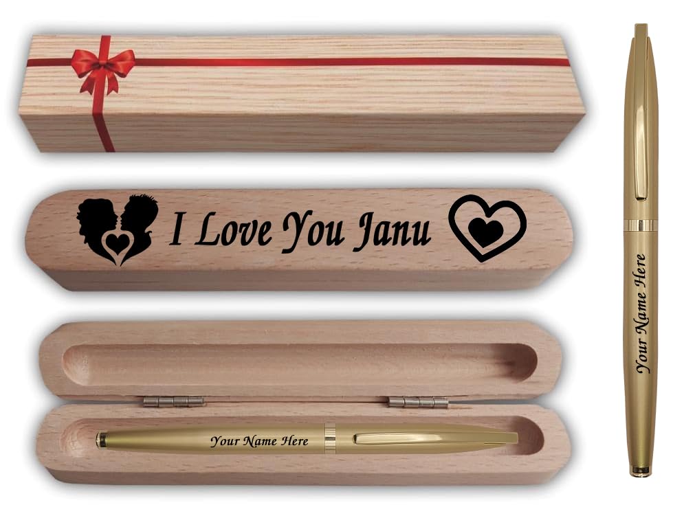 KlowAge Saint Gold Ball Pen with Engraved Your Name on Pen and Wooden I Love You Janu Gift Box & Gift Bag| Gift for Girlfriends & Boyfriends | customised Pen | Personalized Pen