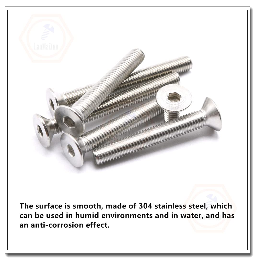 5pcs M5×130mm Flat Head Socket Cap Screws, Allen Socket Drive, Stainless Steel 18-8 (304), Full Thread, Bright Finish
