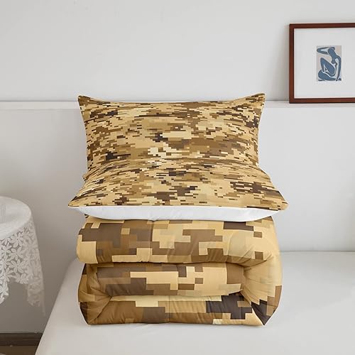 Miniatura 5 de Juego de edredón camuflaje marrón y amarillo tamaño king, juego de cama camuflaje geométrico abstracto de 3 piezas, edredón acolchado camuflaje del