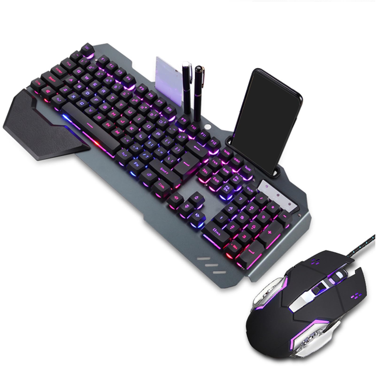 Zestaw do klawiatury i myszki, RGB Rainbow Light, z kartą rozszerzającą, do komputerów stacjonarnych, komputerów, laptopów, czarny