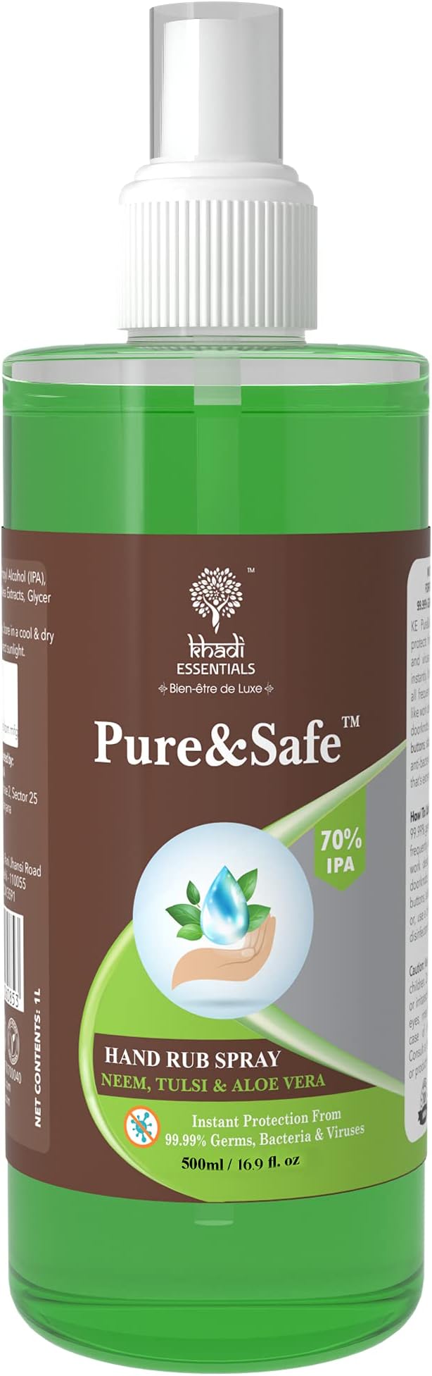 Khadi Essentials Pure&Safe Hand Sanitizer 500ml Spray Liquid Alcohol Based For Hands With Aloe Vera & Tulsi Extracts - 500ml