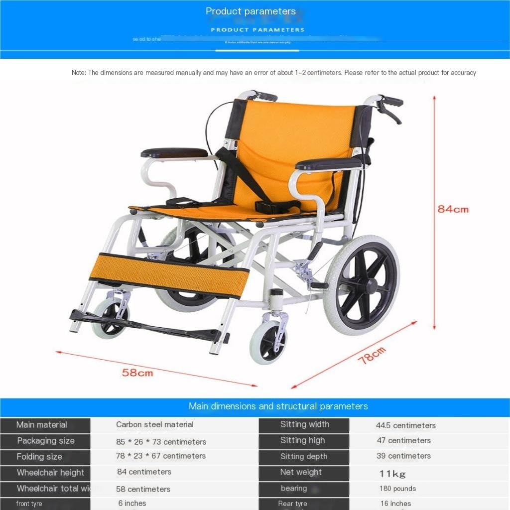 Silla de Ruedas de Movilidad para Ancianos Silla de Ruedas Plegable Manual para Ancianos Silla de Ruedas Pequeña Y Ultraligera Portátil para el Hogar/Yellow/a