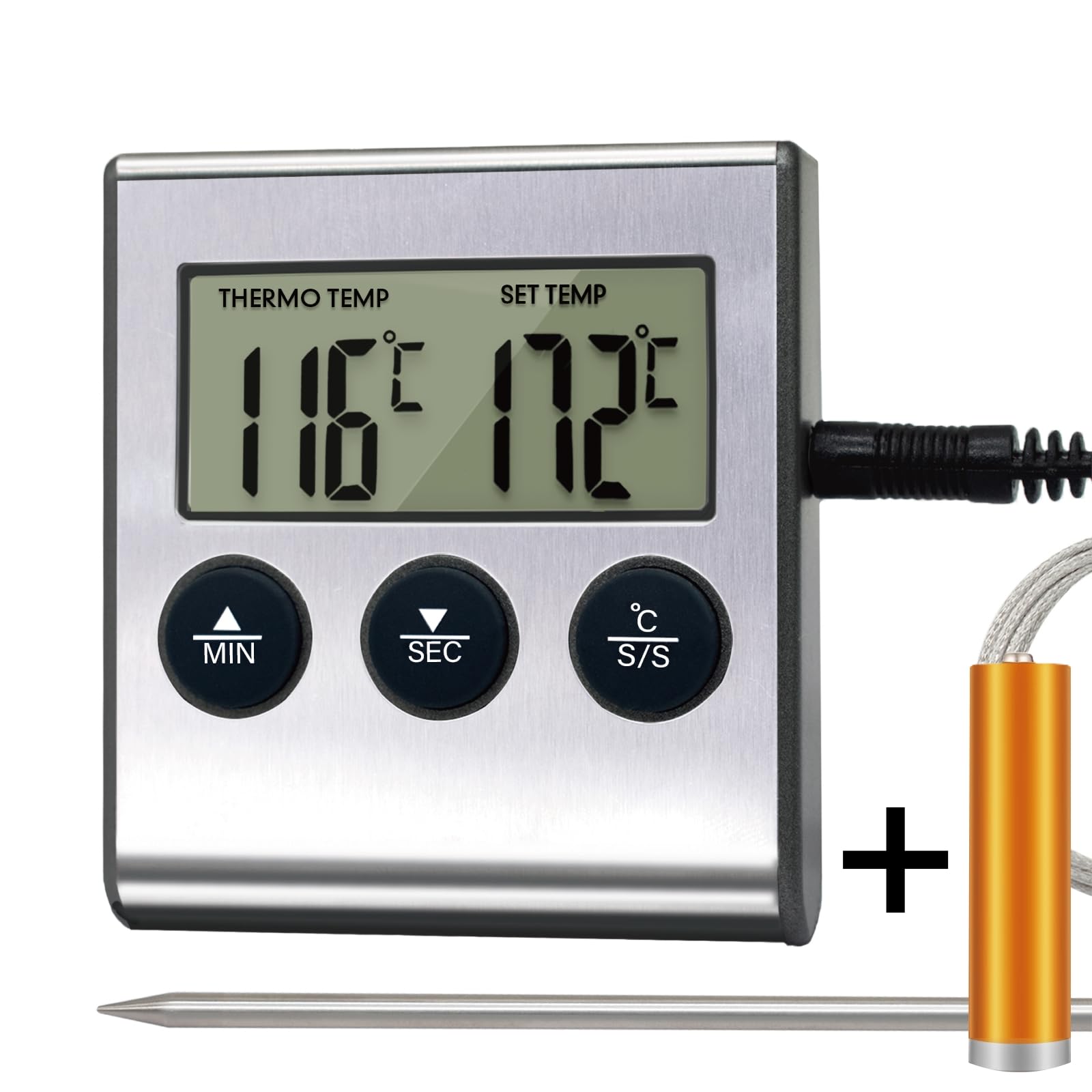 Kitchen Instant Read Meat Thermometer, Digital Thermometer and Timer Clock with Stainless Steel Food Probe for Candy, Cooking, Smoker, Oven, BBQ, Grill | Auto-Off