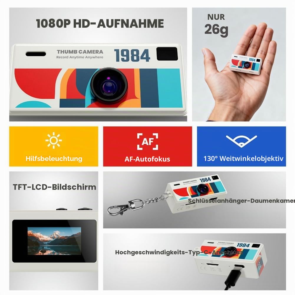 Mini-Daumenkamera mit 2,4 cm (0,96 ) Bildschirm, 1080p HD-Aufnahme, Rucksack, Charm, Fotos machen und hochladen, perfektes