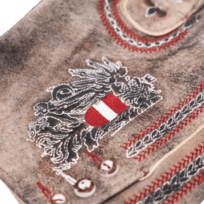 Hoamatkult Kinder Lederhose – Österreich Adler, Vintage Braun, aus Echtleder mit Patina, handgefertigt, bequemer Schnitt – trachtig & kultig für kleine Entdecker (86 - mit Träger)