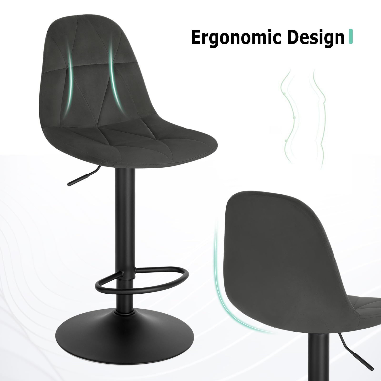 STOOLINK Lot de 2 Chaise de Bar, Tabourets Bar Tissu Velours de Lait, Chaises Bar Réglables avec Dossier et Accoudoir, Tabouret Bar pivoter à 360°, Chaise Bar avec Repose-Pieds pour Cuisine, Bar-Gris