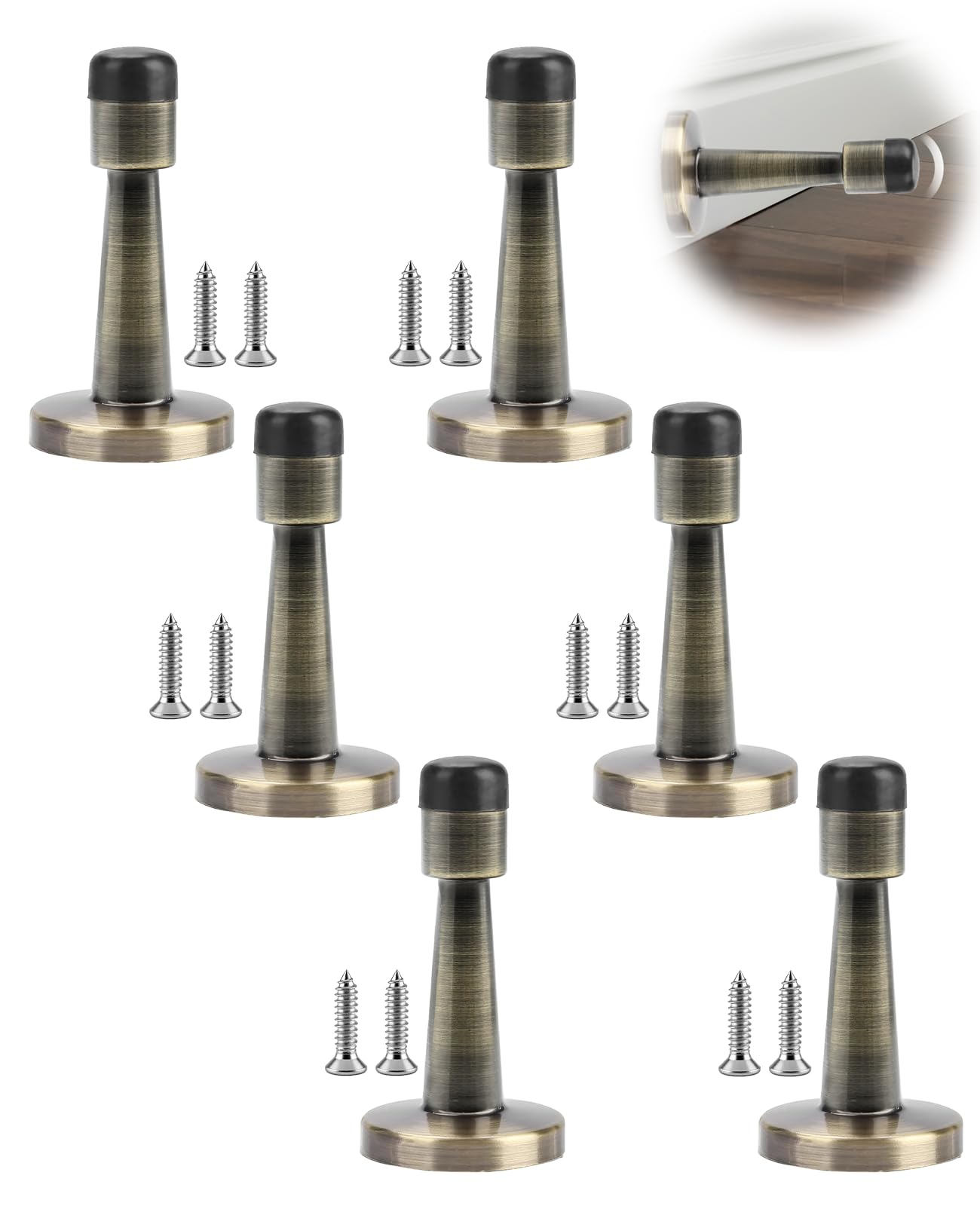 Benaewa Black 6 Pcs Antique Brass Door Stop, Wall Mounted Door Stoppers For Skirtings, Indoor