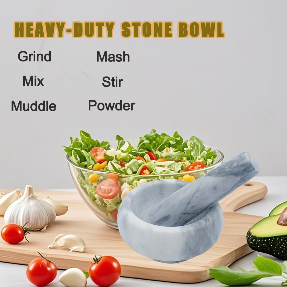 Ensemble de mortier et pilon en marbre – Petit bol de 8,9 cm pour guacamole, pâtes d'assaisonnement, salsa, pilules, épices, herbes, ail, noix, broyeur robuste (gris/blanc)