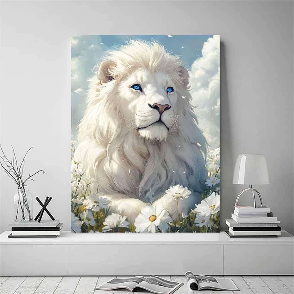 AMXBZC Affiche décorative chambre d'enfant Fleur de lion blanc Moderne animaux de safari en afrique - Poster Images Murales - Décoration chambre de bébé(Blanc)-40x60cm Encadrée