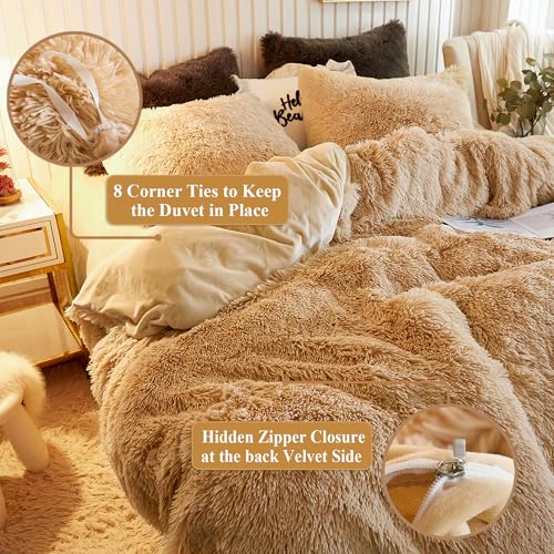 Image of XeGe Plush Shaggy Duvet Cover Luxury Ultra Soft Crystal Velvet Bedding Set 1PC(1 Faux Fur Duvet Cover),Zipper Closure (Queen, Camel)