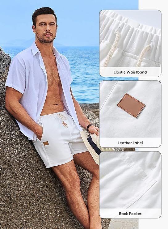 Mens Casual Beach Shorts Elastic Drawstring Waist Cotton Linen Shorts with Pockets - Image 7