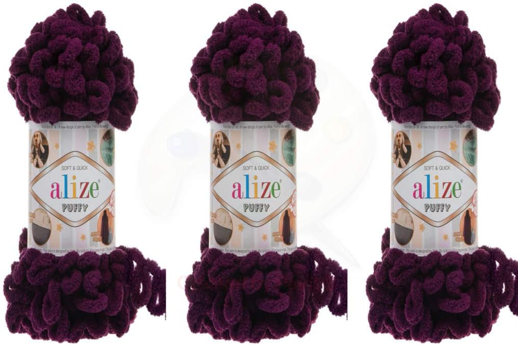 Alize Puffy Baby Blanket Lot of 3 - 300gr, 30yds, 100% Micropolyester Soft Yarn, Super Chunky Bulky Worested (111 - Plum)