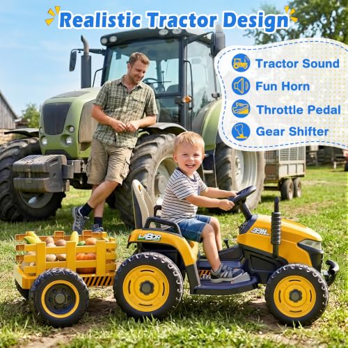 Image of ARBELI 24V Ride On Tractor w /2.4G Remote Control, Tiltable Trailer, Yellow
