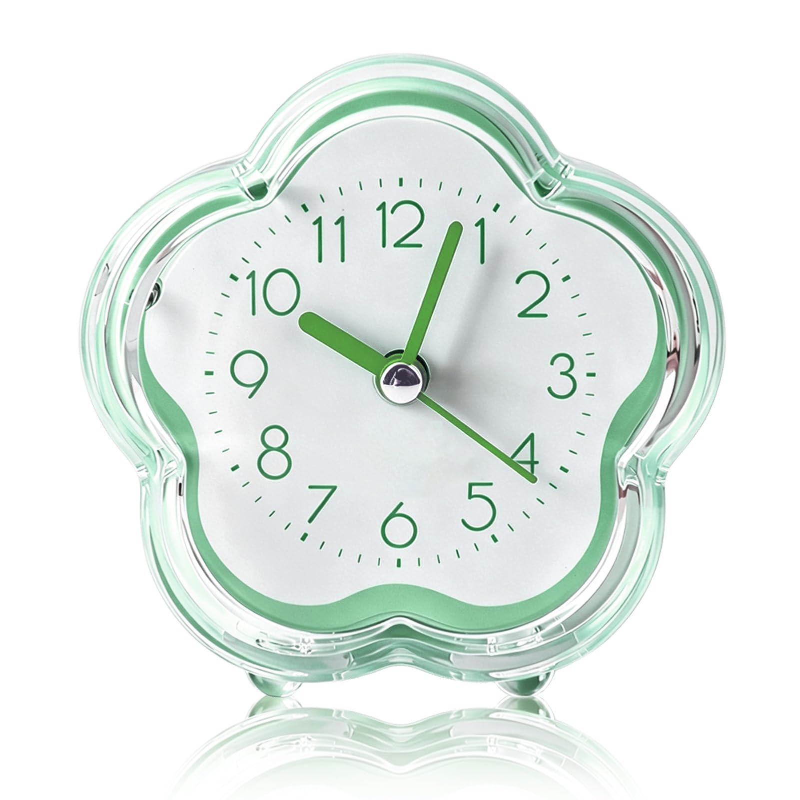 Kukyller Super Silent Non Ticking Small Clock, Cute Alarm Clock Flower Shape Quiet Low Noise Transparent Small Alarm for Living Room Bedroom Bedside Desktop (green) 3.5x3.5x1.8in