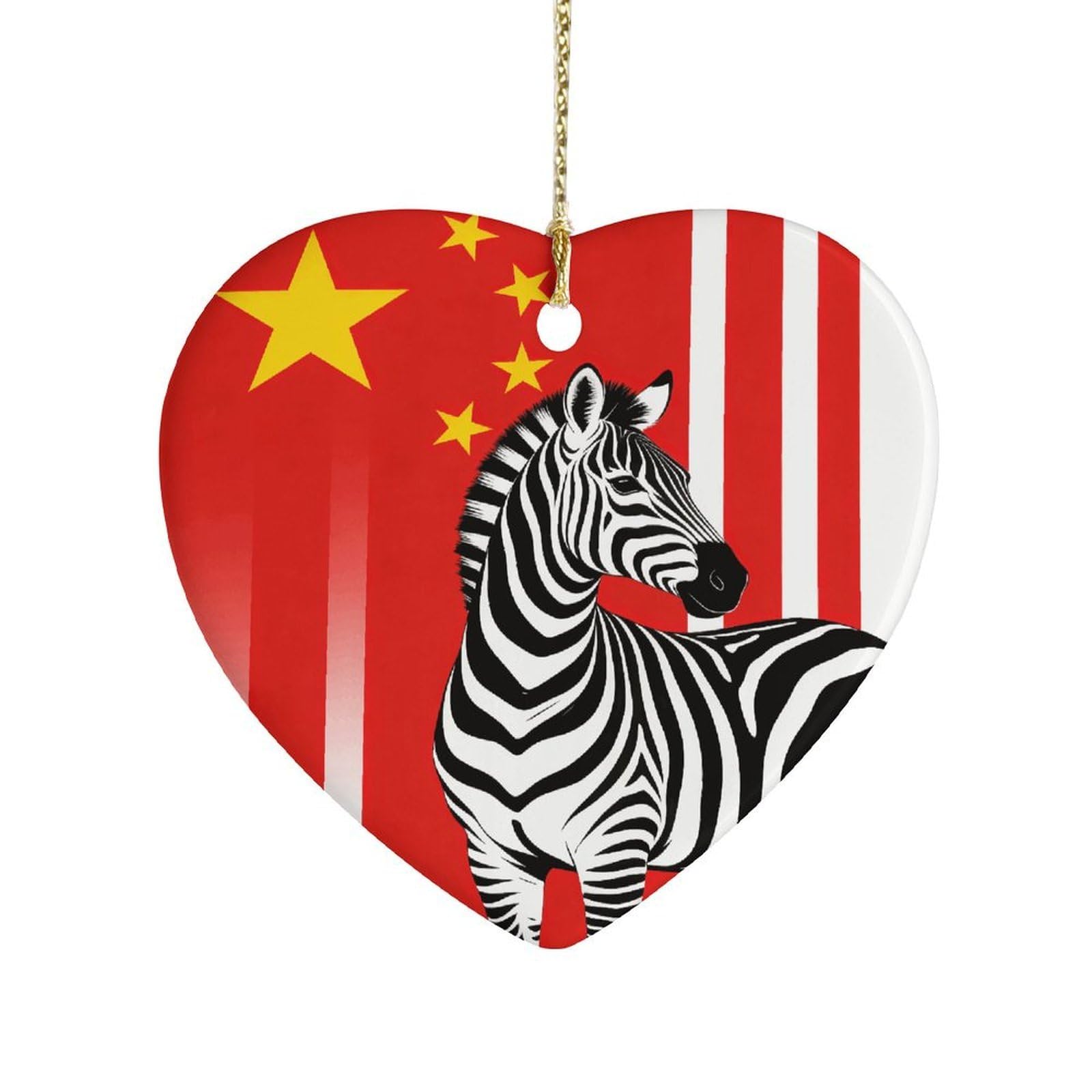 Khauerbc Style Black And White Zebra And National Flagheart Shaped Ceramic Ornament With String,Ceramic Ornament,Two-Sided Printed For Christmas Tree And Holiday Decoration
