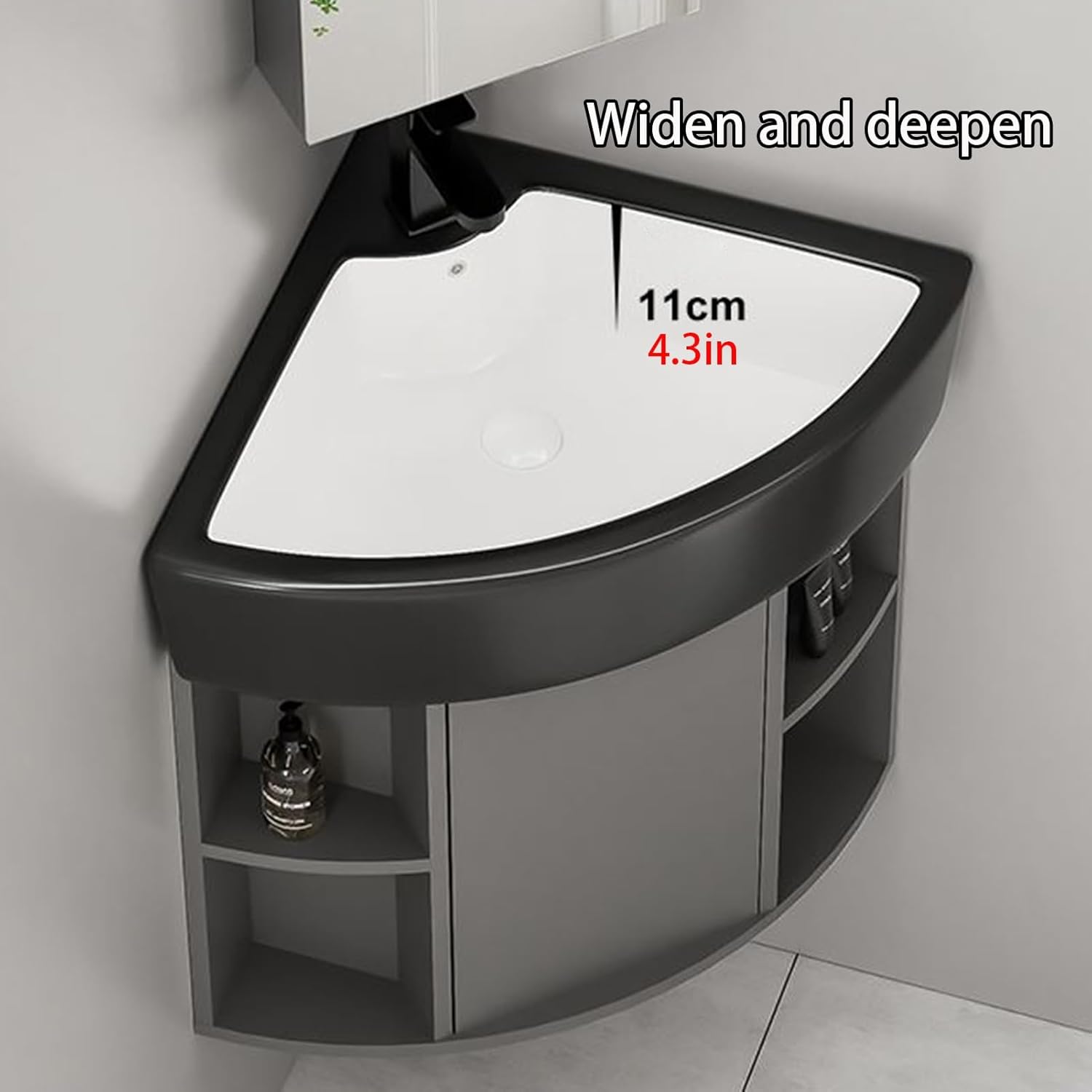 Corner Bathroom Sinks Black Ceramic, Triangle Shaped Corner Bathroom Vanity, Corner Wall Mount Bathroom Sink, bathroom sink with Storage container(14.9x18.1x22.8in)