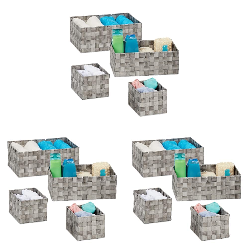 Relaxdays Aufbewahrungskorb 4er Set, geflochten, Körbchen Badezimmer, eckig, 3 Größen, Kunststoff, Flechtkorb, grau (Packung mit 3)