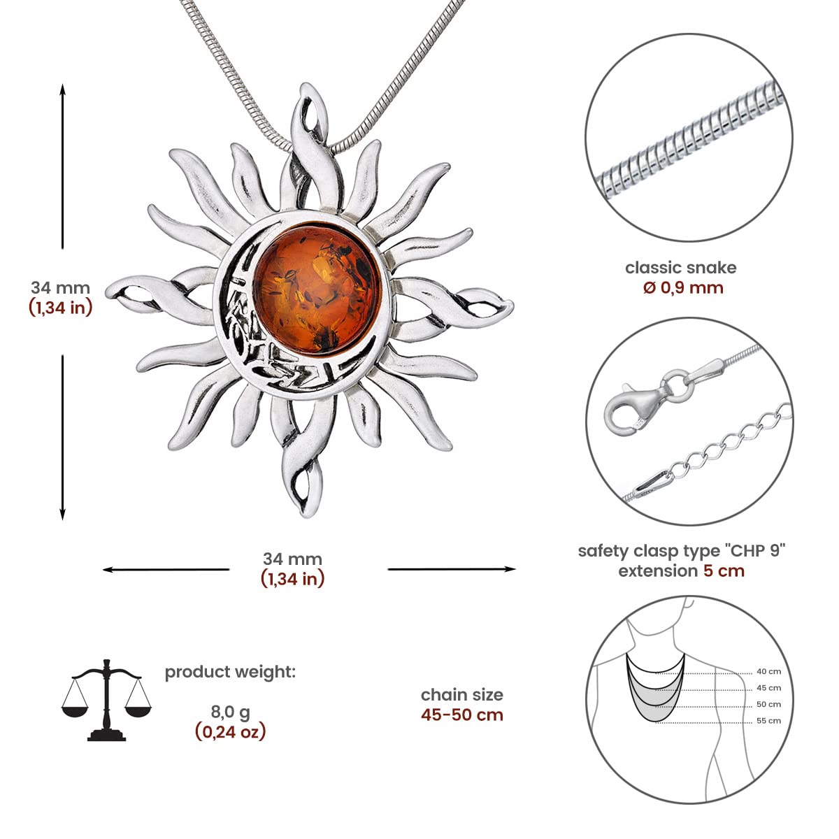 Collar para mujer con ámbar, plata de ley oxidada, ámbar báltico redondo, colgante de sol y luna celta con cadena, Plata esterlina, Ámbar
