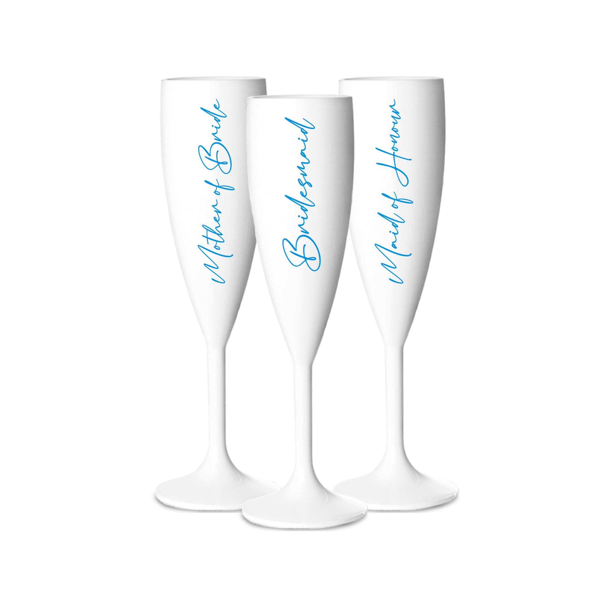 Print Maniacs Champagne Premium White Flute Glass Bride Groom Mr Mrs Wedding Maid Honour Wine Cocktail Prosecco Celebrations Gift (Blue, Set of 3 Brides Side)