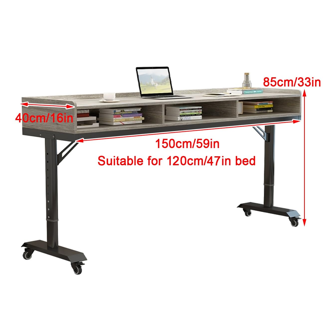 Scrivania da letto regolabile con cassetto girevole a 360°, scrivania da ufficio mobile per casa e ospedale, 150 cm, ideale per lavoro e studio