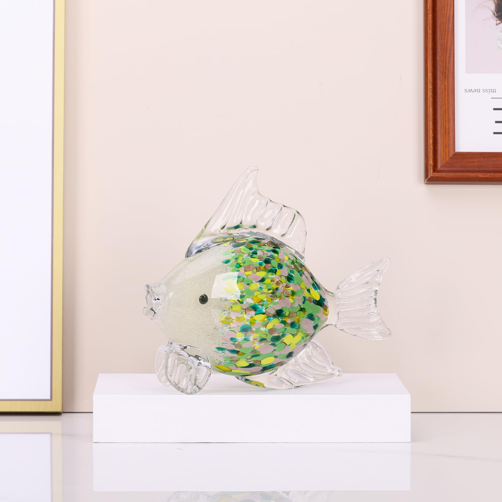 Figuras grandes de peces de vidrio soplado a mano, decoración de peces de cristal tropical, arte de cristal de mar, escultura de estatua de pez verde esmeralda, decoración moderna para el hogar, para