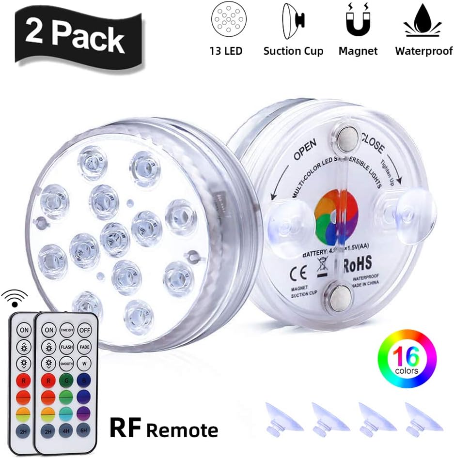 Submersible LED Lights with RF Remote, Waterproof Underwater Light Battery Operated Controlled 16 LED Color Changing Lamp with Suction Cup for Pool Vase Aquarium,Shower Light,Hottub Lights(2 Packs)