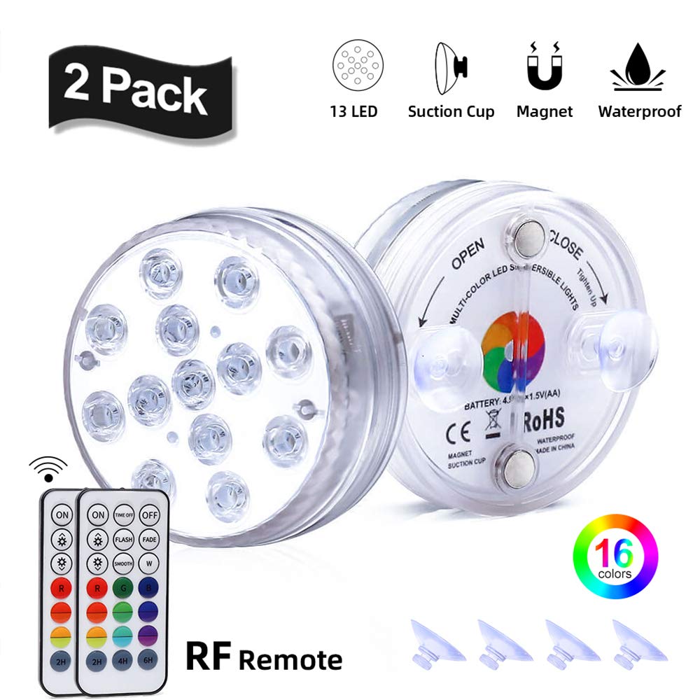 Submersible LED Lights with RF Remote, Waterproof Underwater Light Battery Operated Controlled 16 LED Color Changing Lamp with Suction Cup for Pool Vase Aquarium,Shower Light,Hottub Lights(2 Packs)