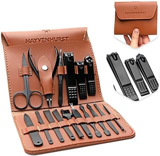 Nail Kit - Nail Clipper Set - Manicure Set -16 Stainless Steel Pieces Manicure Kit For Men’s - Pedicure Kit For Men - Mens Grooming Kit With Brown Leather portable Case by Hayvenhurst
