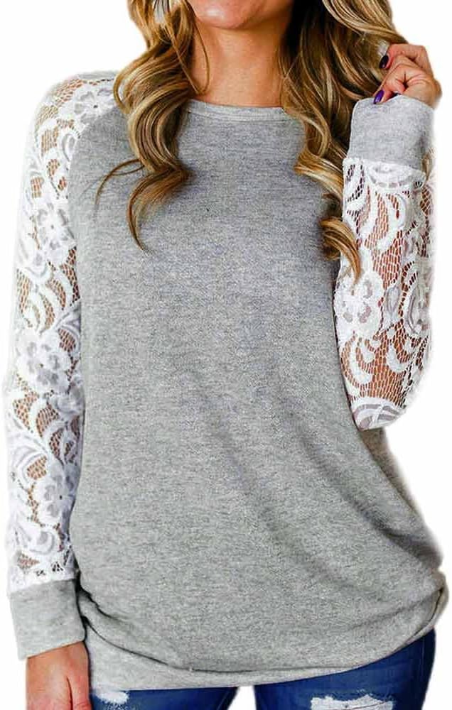 Lurcardo Women Tops Shirts Ladies Teens Lace Floral Splicing O-Neck Long Sleeve Cotton T-Shirts Casual Blouse Tops