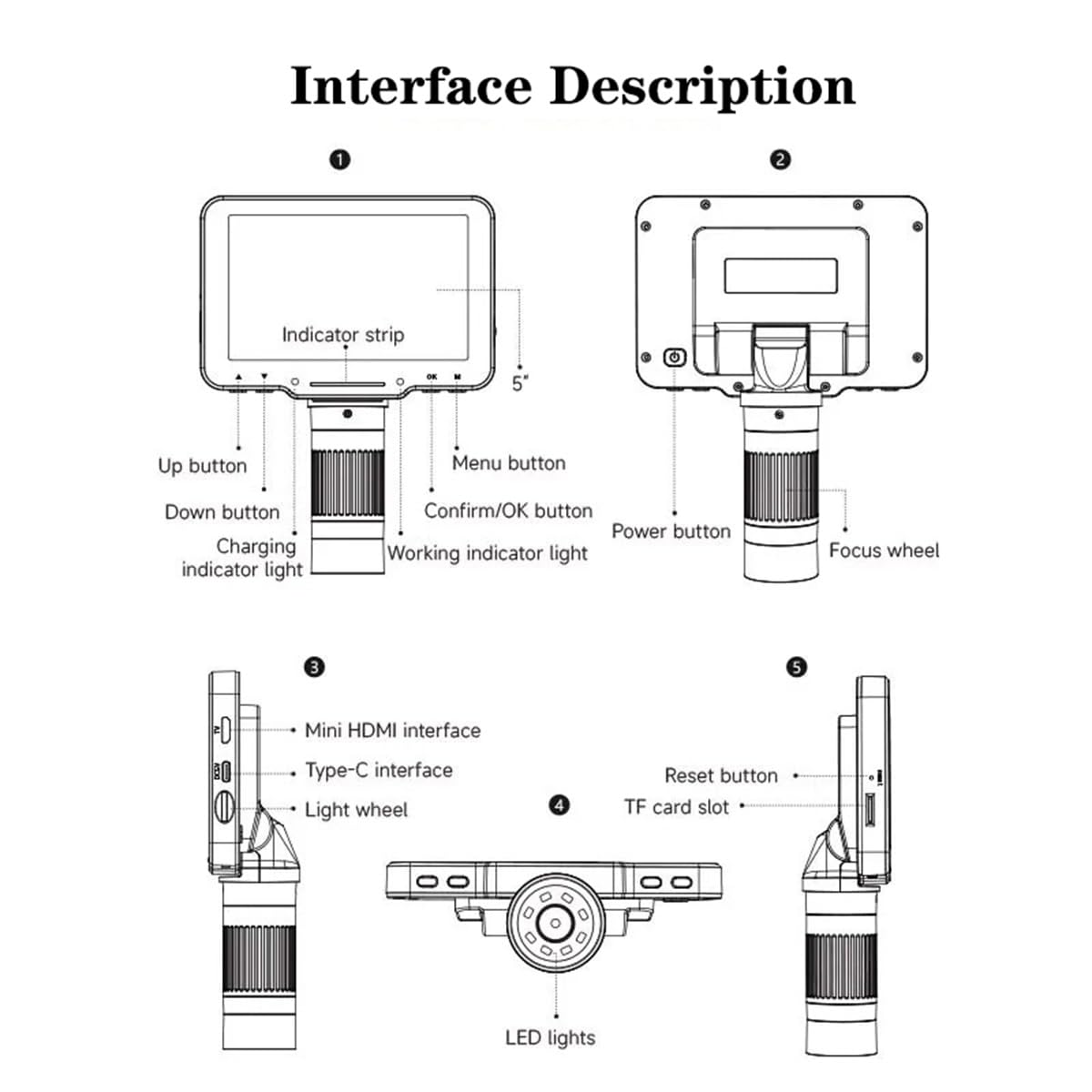 Accessoires pour microscopes Microscopes vidéo numériques 5" IPS HD 1080FHD for Outils de réparation téléphone à souder, Support loupe réglable, Microscope PC HDMI 1000X