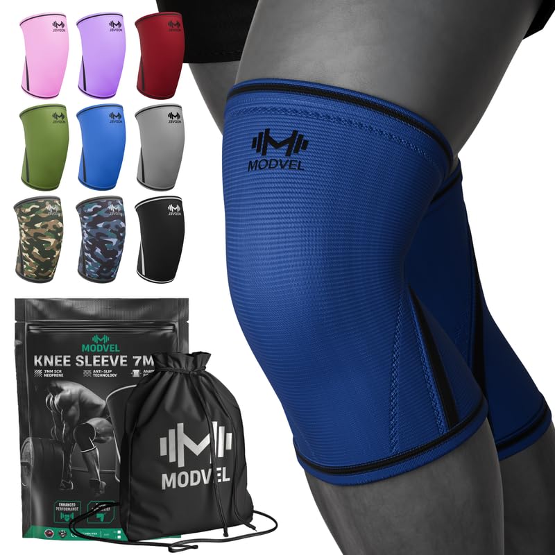 Image of Modvel 7mm Neoprene Knee Sleeves for Men & Women Weightlifting & Powerlifting - Compression Knee Sleeve Support for Squats, Gym, Training - USPA, IPL Approved - X-Large Blue (Pair)