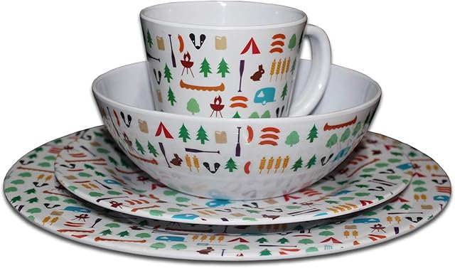 OLPRO Melamine Dinnerware Set, Camping/Picnic/Barbecue Dinner Set Plastic Melamine Berrow Hill Outdoor Patterned Camping Set. Perfect for Outdoor al Fresco Dining (16 Piece)