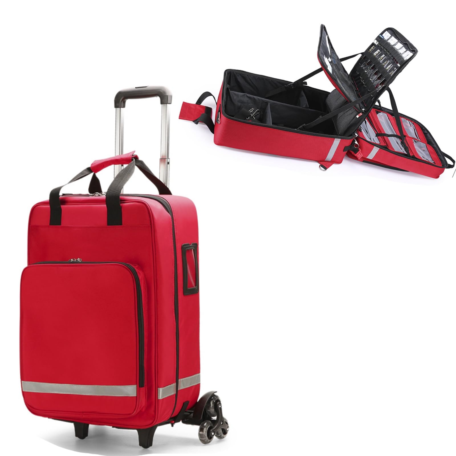 Bolsa rodante con ruedas, botiquín de primeros auxilios vacío de gran capacidad en carrito desmontable, bolsa de enfermera portátil con divisores, correas de hombro y tiras reflectantes para EMT, EMS