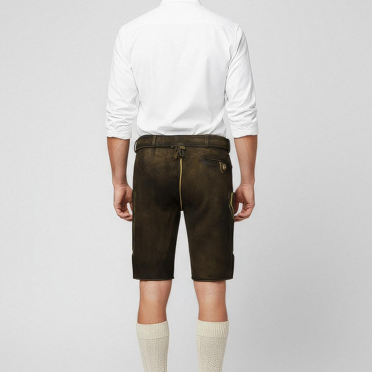 Krüger Lederhose Milian Herren | kurz mit Gürtel Hose aus Ziegenvelours-Leder | Dunkelbraun grün