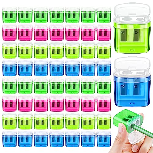 Aodaer 60 Pieces Pencil Sharpeners Manual Double Hole Pencil Sharpener for Kids Dual Hole Pencil Sharpener for School Office Home, Assorted 4 Colors