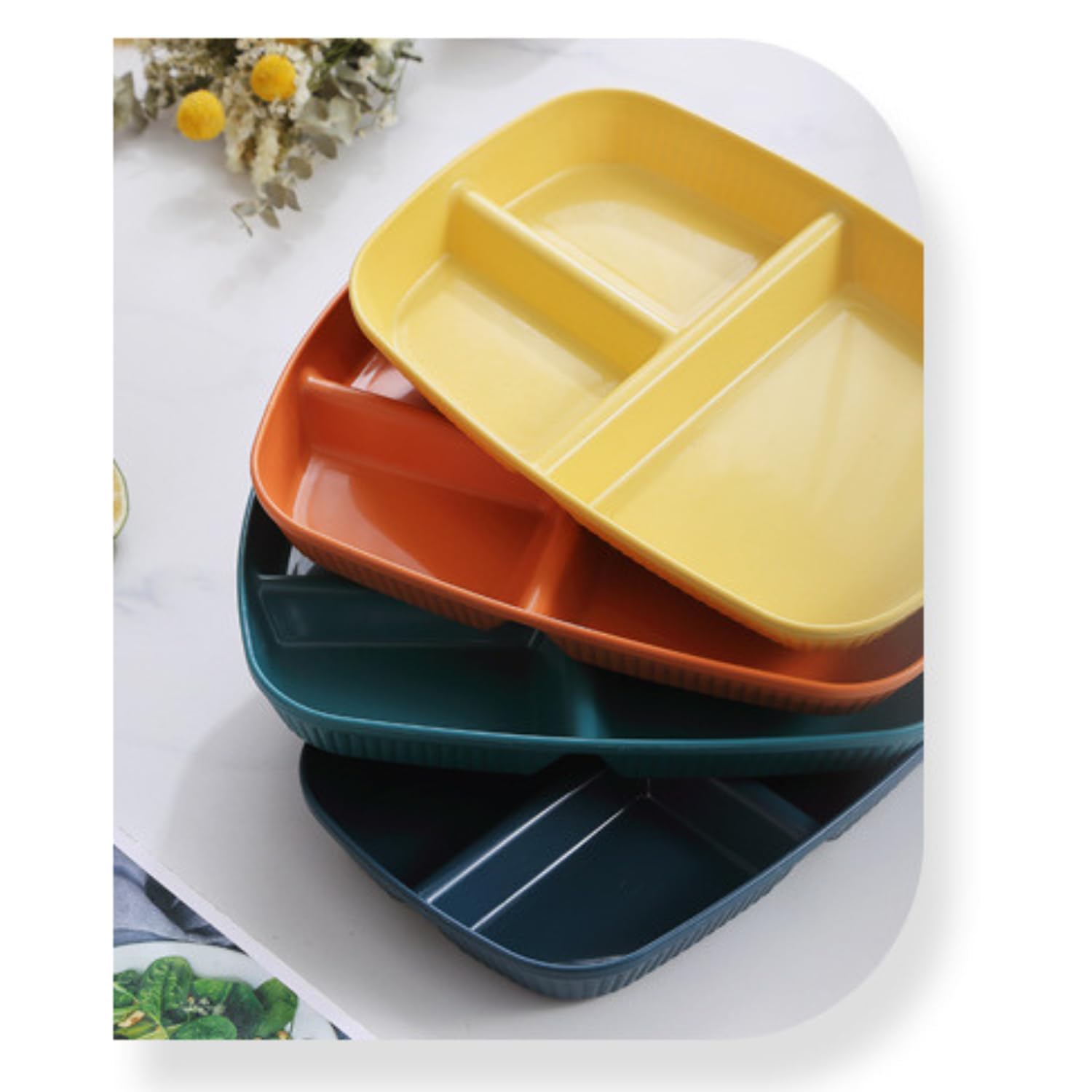 Amillee Wheat Straw Rectangular Divided Plates for Healthy Eating, 3 Sections Dinner Plates for Adults, Kids, Campers, and Portion Control, Microwave and Dishwasher Safe Dish (Pack of 2, Yellow) 2
