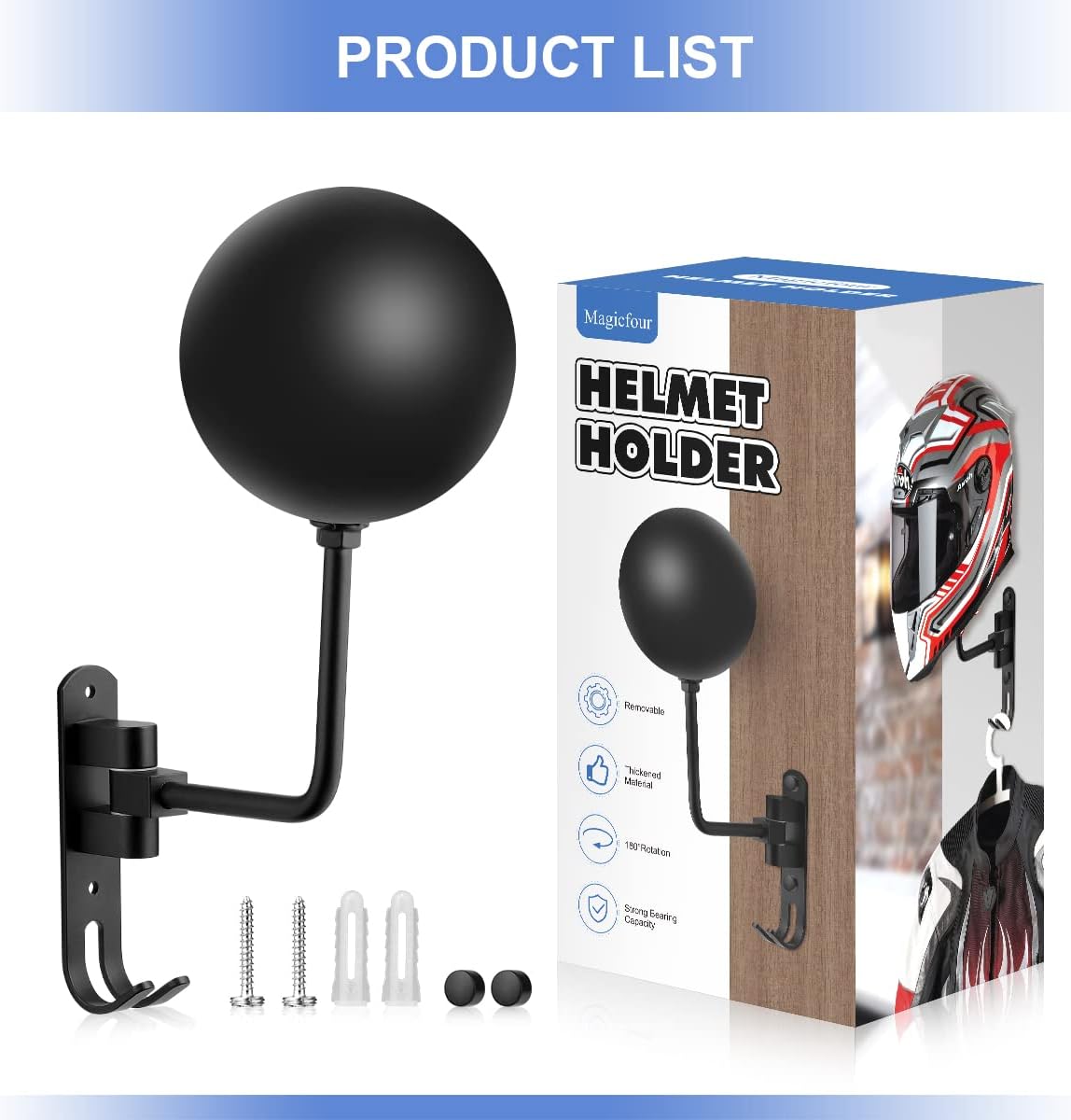 Magicfour Helmet Holder, Helmet Holder for Bike 180 Degree Rotation Helmet Rack Motorcycle with 2 Hooks Helmet Hanger for Coats, Caps, Baseballs and Rugby Helmet : Automotive