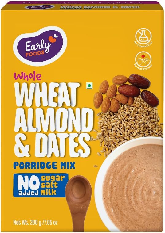 No Added Sugar No Salt Porridge - Whole Wheat Cereal with Almonds & Dates Porridge Mix | Easy to Cook | No Preservatives | Cereal for Kids 200g