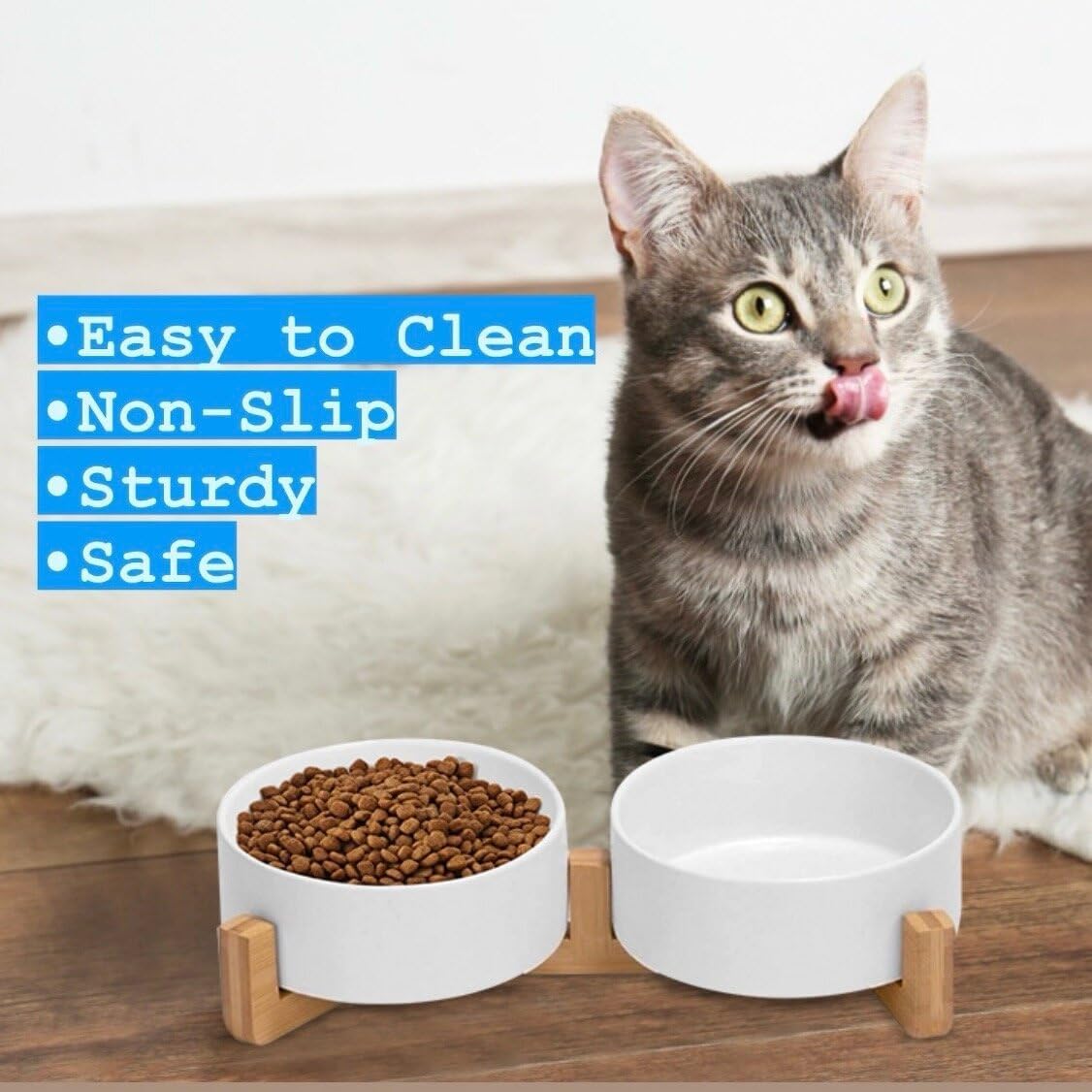 Ceramic Cat and Small Dog Bowl Set – Modern Indoor Small Size Pet Food and Water Bowls with Wood Stand – Non Slip Puppy Sized Feeding Station with Double Dishes - Image 4