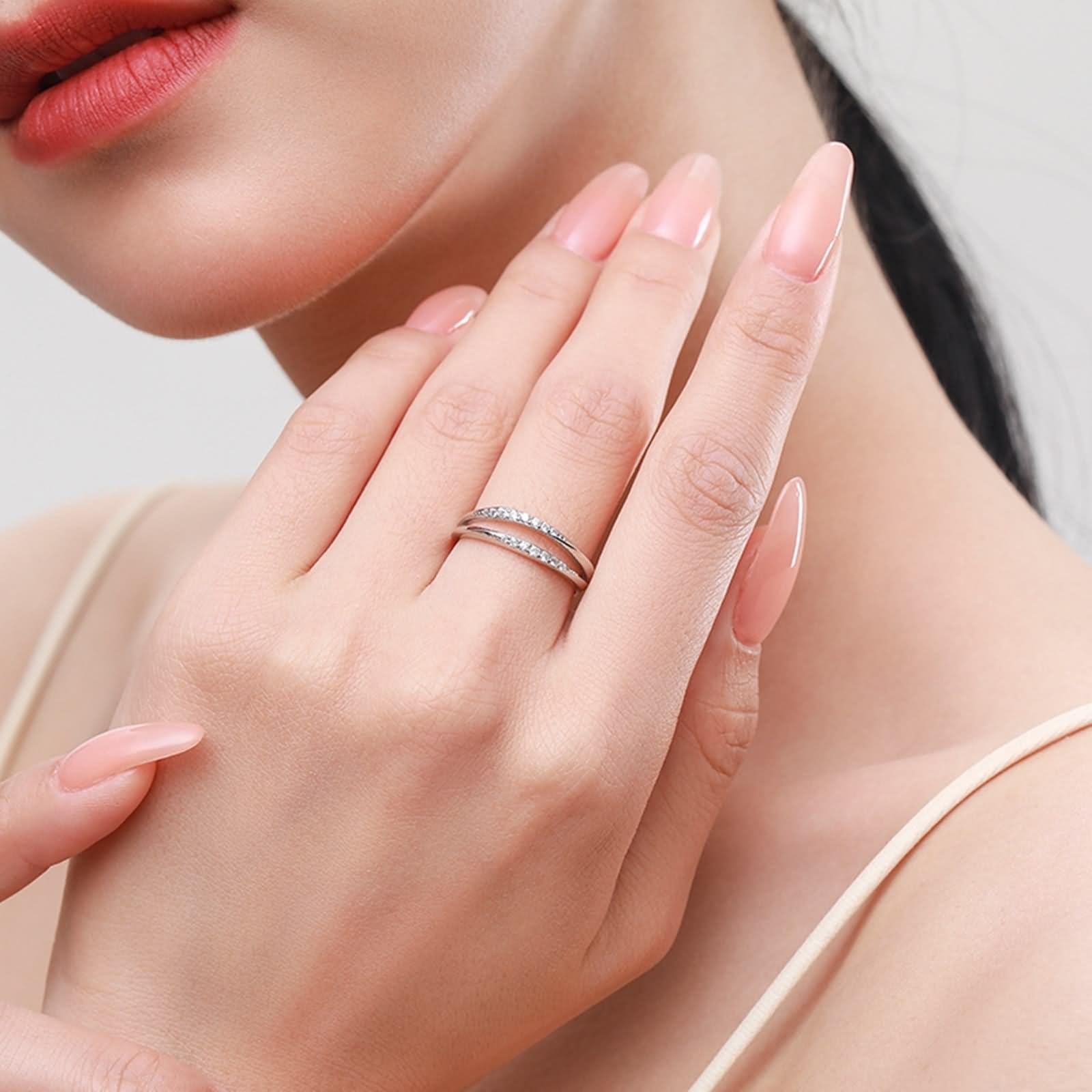 Anillos para mujer dedo medio, anillos mujer delicado diseño de doble capa con moissanite redondo de 18 quilates oro blanco talla 60 (19.1)