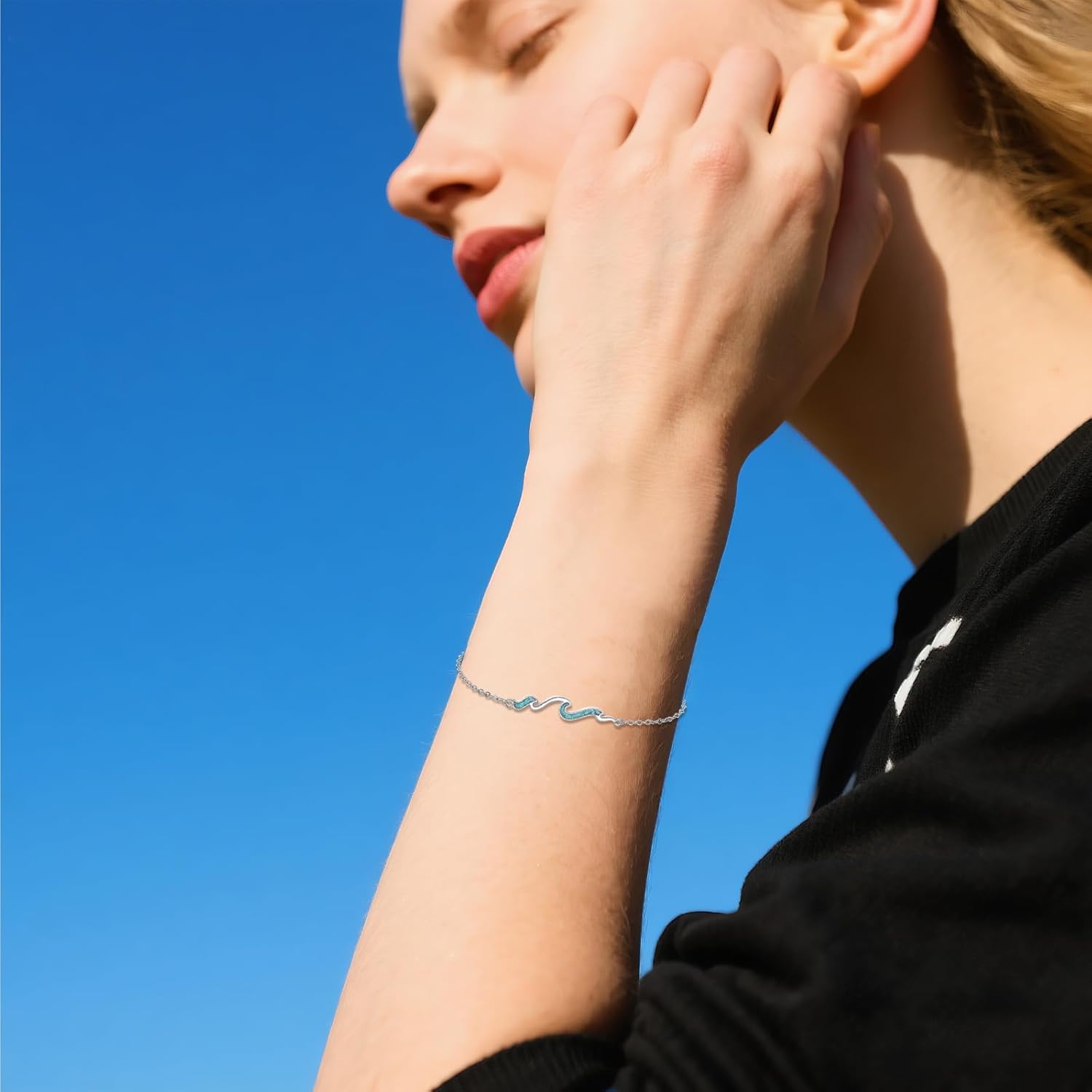 URONE Wave Bracelet 925 Sterling Silver Turquoise Wave Bracelet Ocean Beach Jewelry Gifts for Women - Image 3