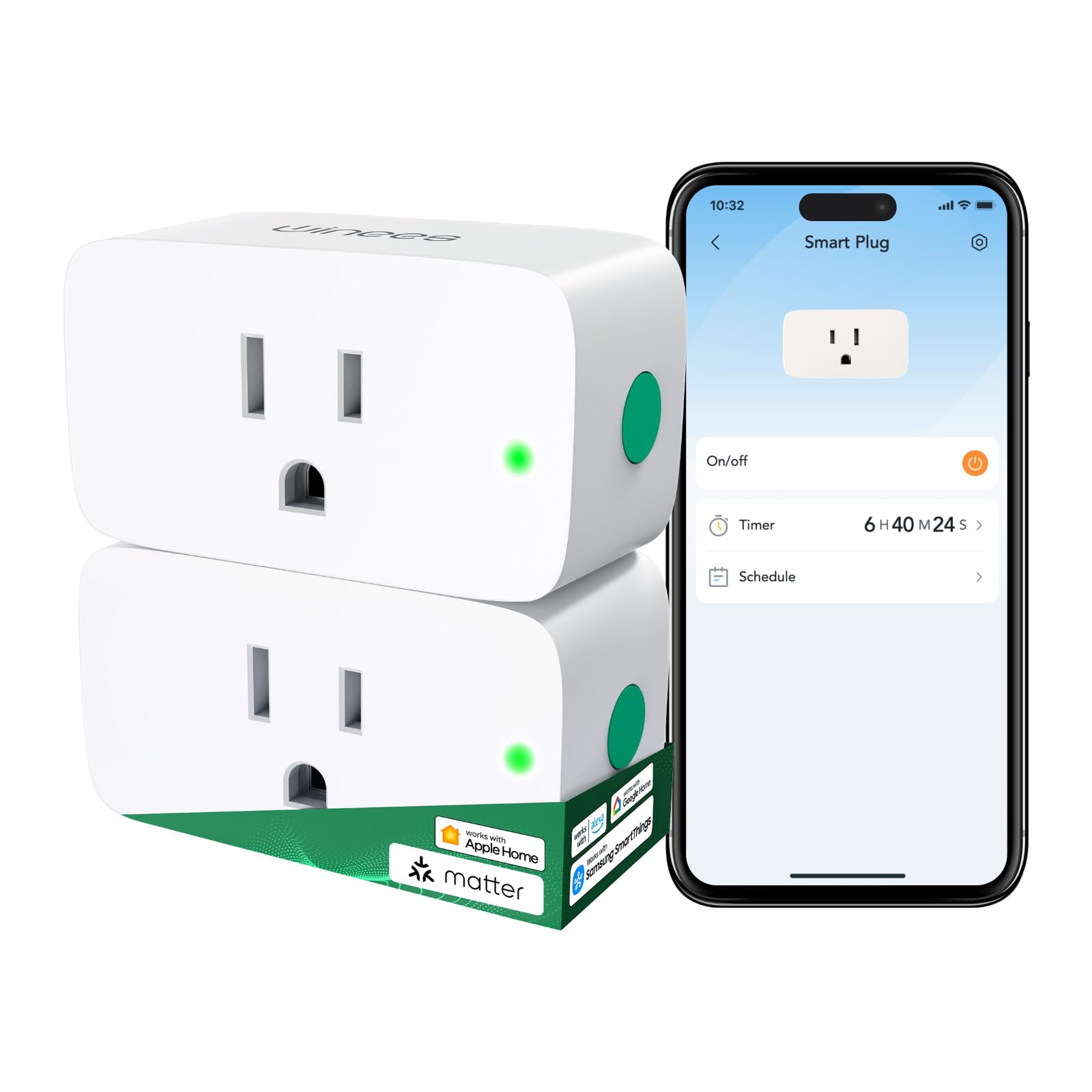Winees Matter Smart Plug 2 Pack Smart Outlet Work with Alexa Apple Home Google Home SmartThings 15A 1800W