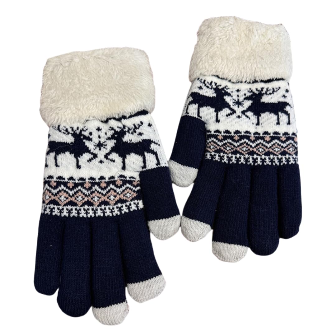 Yisenjee Women's Navy Blue Warm Thick Fluffy Gloves Winter Thickened Velvet Warm Touchscreen Cold-Proof Fawn Double-Layer Full-Finger Gloves
